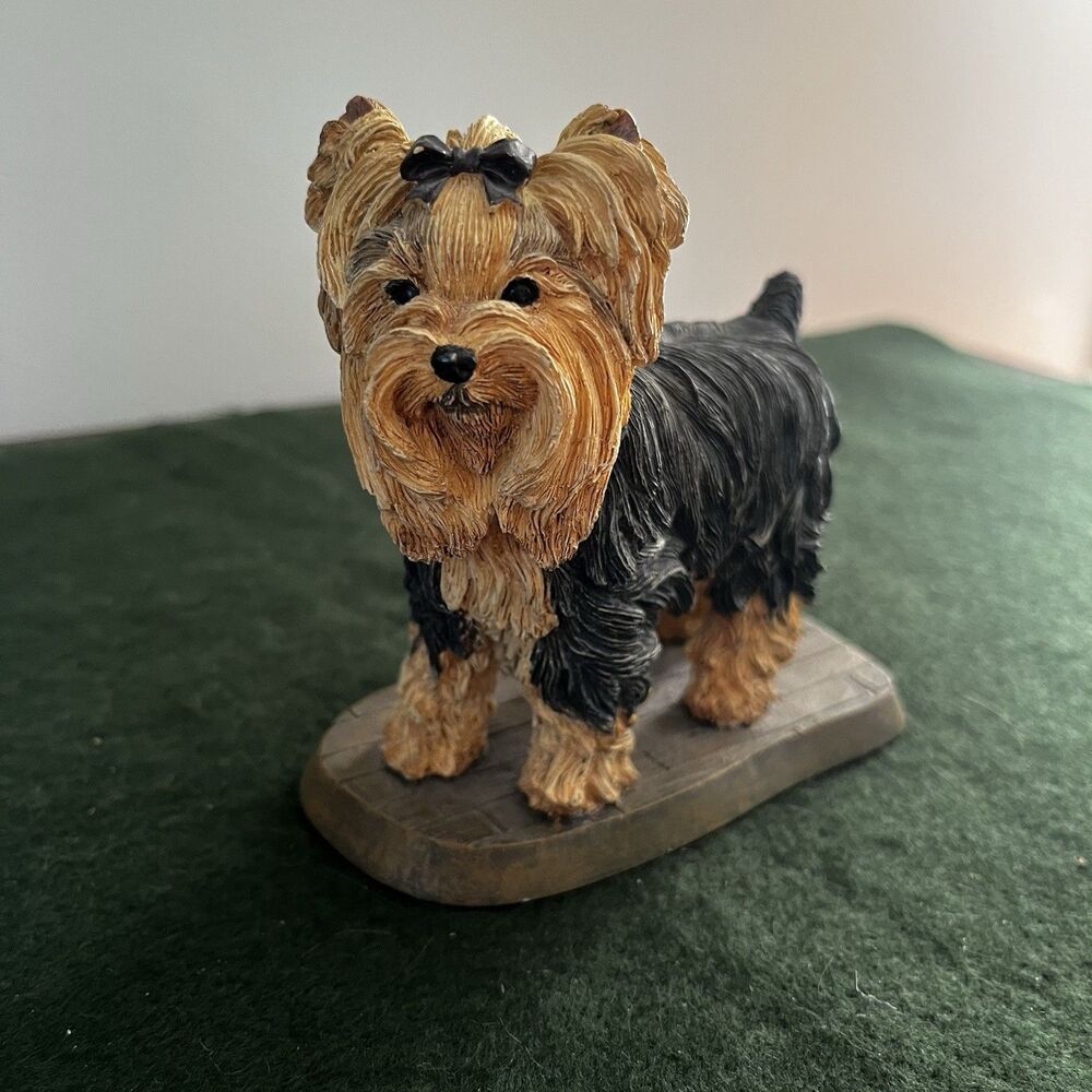 Vintage Hand Painted Resin Yorkshire Terrier Dog on Plank Base Living Stone 2001